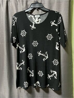 Vintage Jostar Black Nautical Anchor & Wheel Print Top